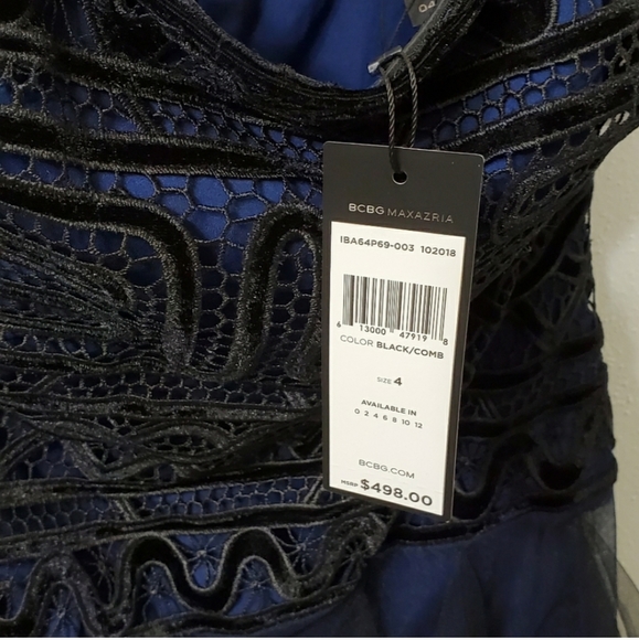 Bcbgmaxazria Strapless Embroidered Lace Navy Tulle Gown Size 4 - Picture 3 of 11